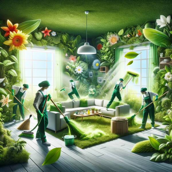 The image artistically represents an eco-friendly home cleaning service with cleaners in uniforms using natural elements like oversized leaves and flowers instead of traditional tools. The interior is a blend of lush greenery and furniture, illuminated by sunlight through green-tinted windows, emphasizing a nature-inspired, environmentally conscious cleaning approach.