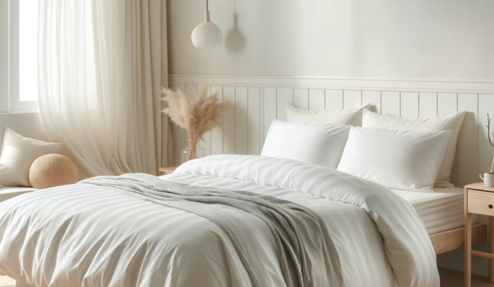 A serene and minimalist bedroom featuring an inviting bed with plush white bedding and a soft grey blanket casually draped over. Natural light streams in from a window with sheer curtains, creating a gentle, diffused glow. The room is adorned with subtle decor, including a pampas grass vase and a round woven bedside mat, all complemented by the light wooden flooring and neutral wall paneling, conveying a tranquil and clean atmosphere.