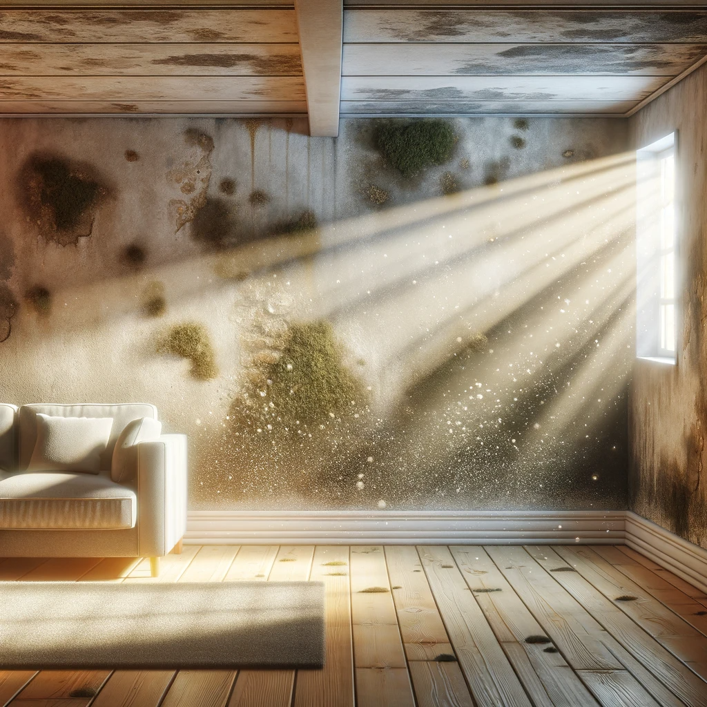 a living room corner with streams of sunlight filtering through a window, illuminating floating dust particles in the air. The walls and ceiling show patches of green and black mold, indicative of dampness and poor ventilation, highlighting a neglected space with potential health hazards due to mold and airborne allergens.