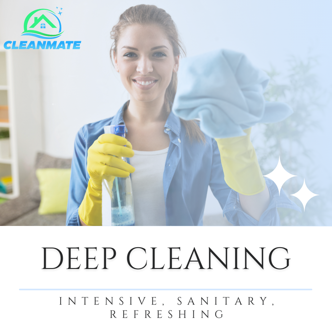 An image featuring a smiling person holding a cleaning spray bottle and cloth, wearing yellow gloves, and a logo that reads "CLEANMATE" with the words "DEEP CLEANING" in large font below. It emphasizes the service as "INTENSIVE, SANITARY, REFRESHING.