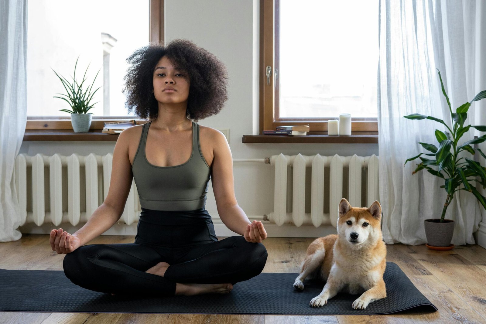 A woman in a meditative pose practicing yoga on a mat in a well-lit room, accompanied by a Shiba Inu dog, with indoor plants contributing to a serene and healthy home environment.